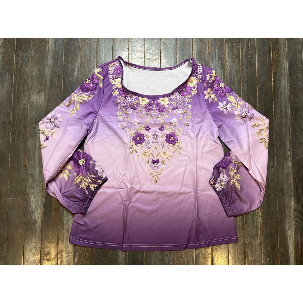 Purple Ombre Floral Long Sleeve Top Scoop Neck